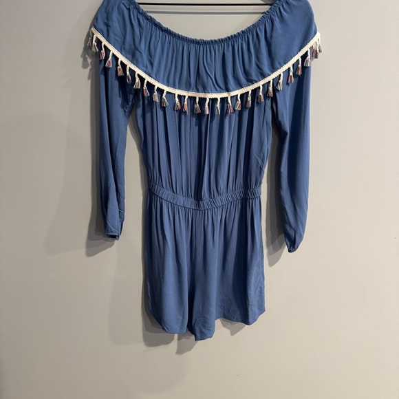 Blue Ruffled Off-Shoulder Romper with Bishop Sleeves - Picture 1 of 4